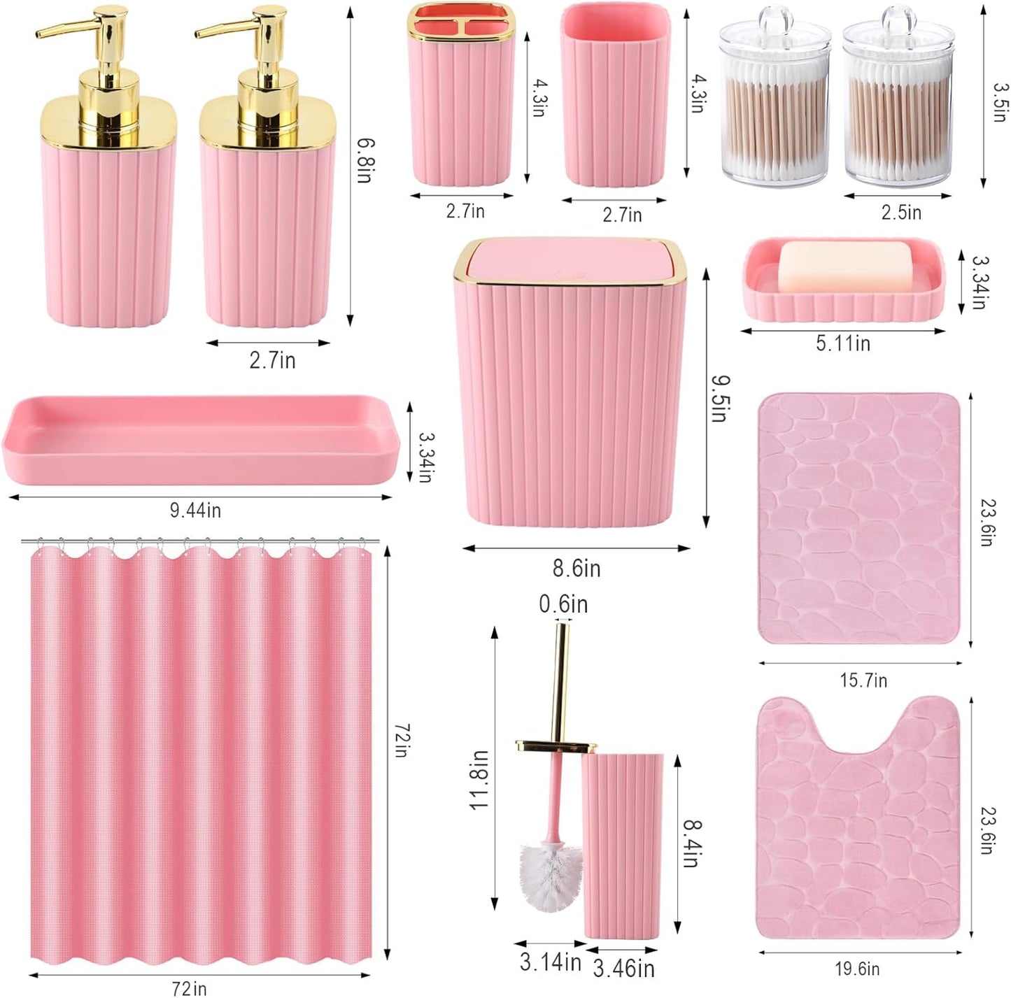 Pink Bathroom Set with Shower Curtain and Rugs- 25PC Bathroom Accessory Set, Pink Shower Curtain Set, Toilet Brush, Trash Can, Qtip Holder Dispenser & Soap Dispenser