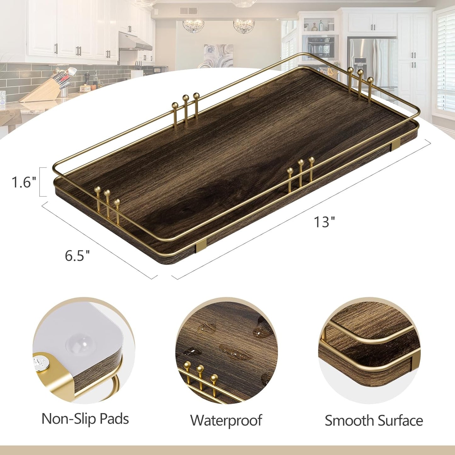 Toilet Paper Basket, Bathroom Basket for Counter Toiletries Towel Decor, Toilet Tank Tray, Guest Back of Toilet Organizer Storage, Vanity Tray for Perfume Makeup, Kitchen 13”x6.5” Brown-Gold