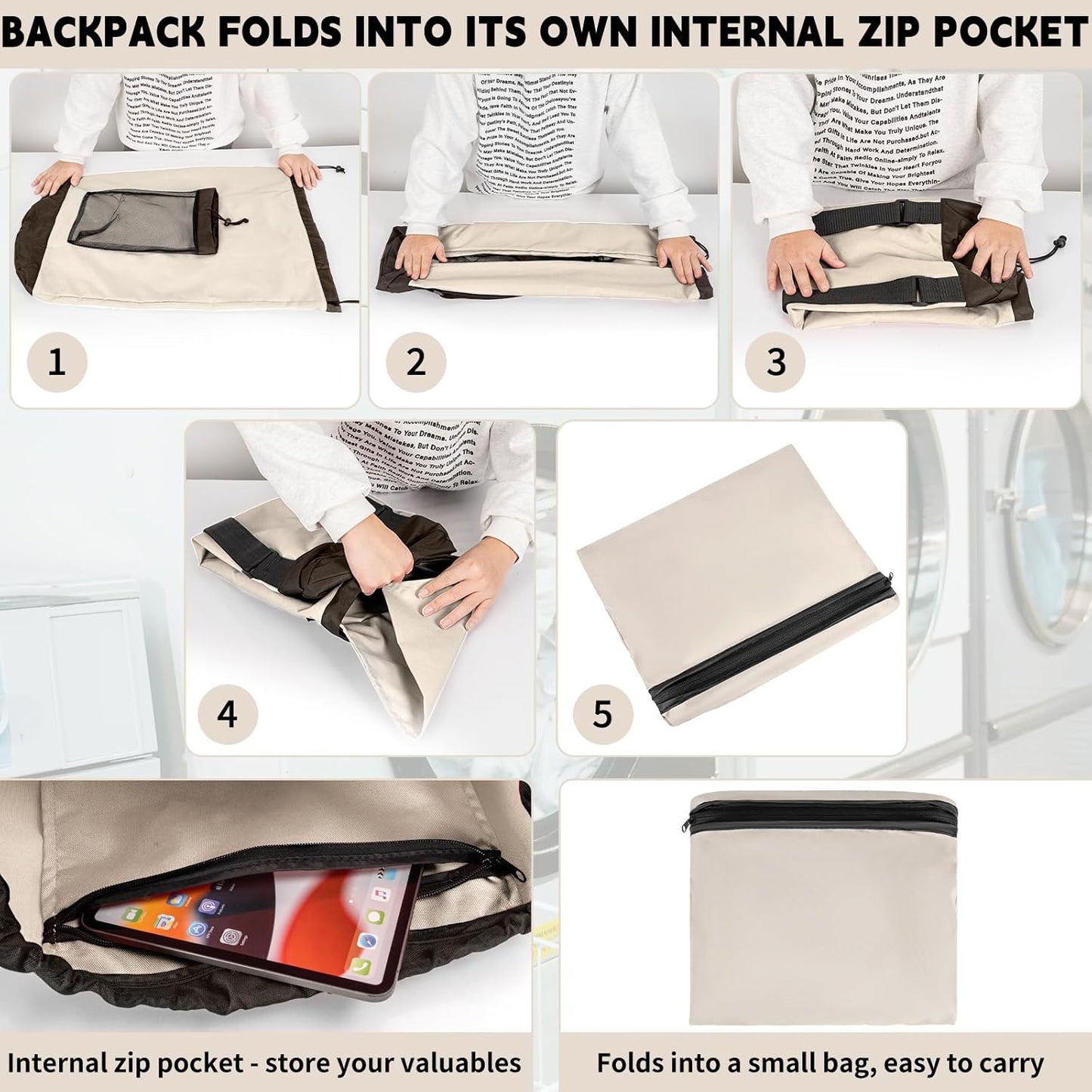 Laundry Bag Backpack with Shoulder Straps and Mesh Pocket Foldable Clothes Hamper Bag with Drawstring Closure for College, Apartment, Laundromat (Grey)