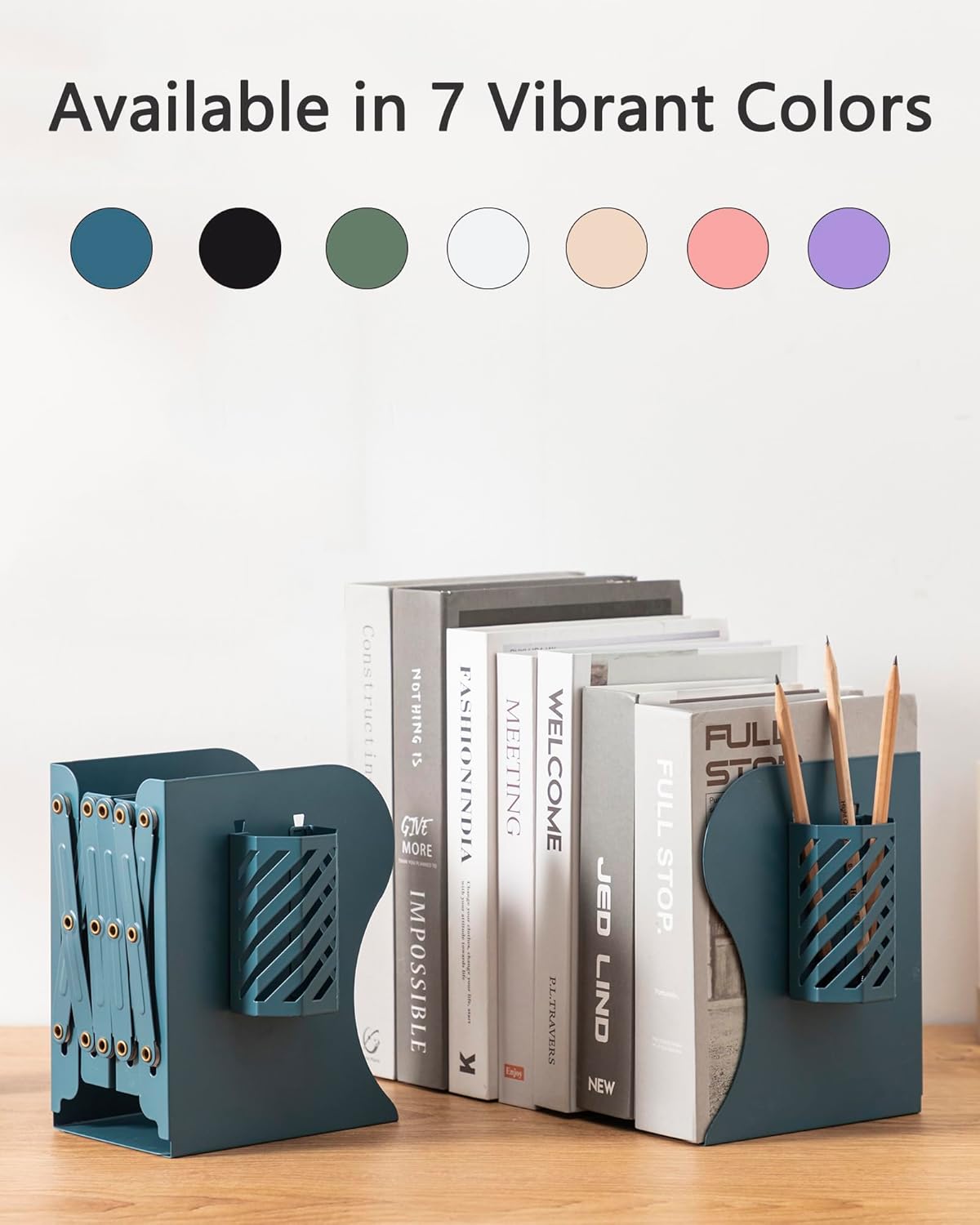 Kingsmile Book Ends, Adjustable Bookends for Shelves, Metal Bookends for Heavy Books, Book Stopper Organzier with Pen Holder for Desk, Kids Room, Office, Classroom, Library, Study Room.(Blue)