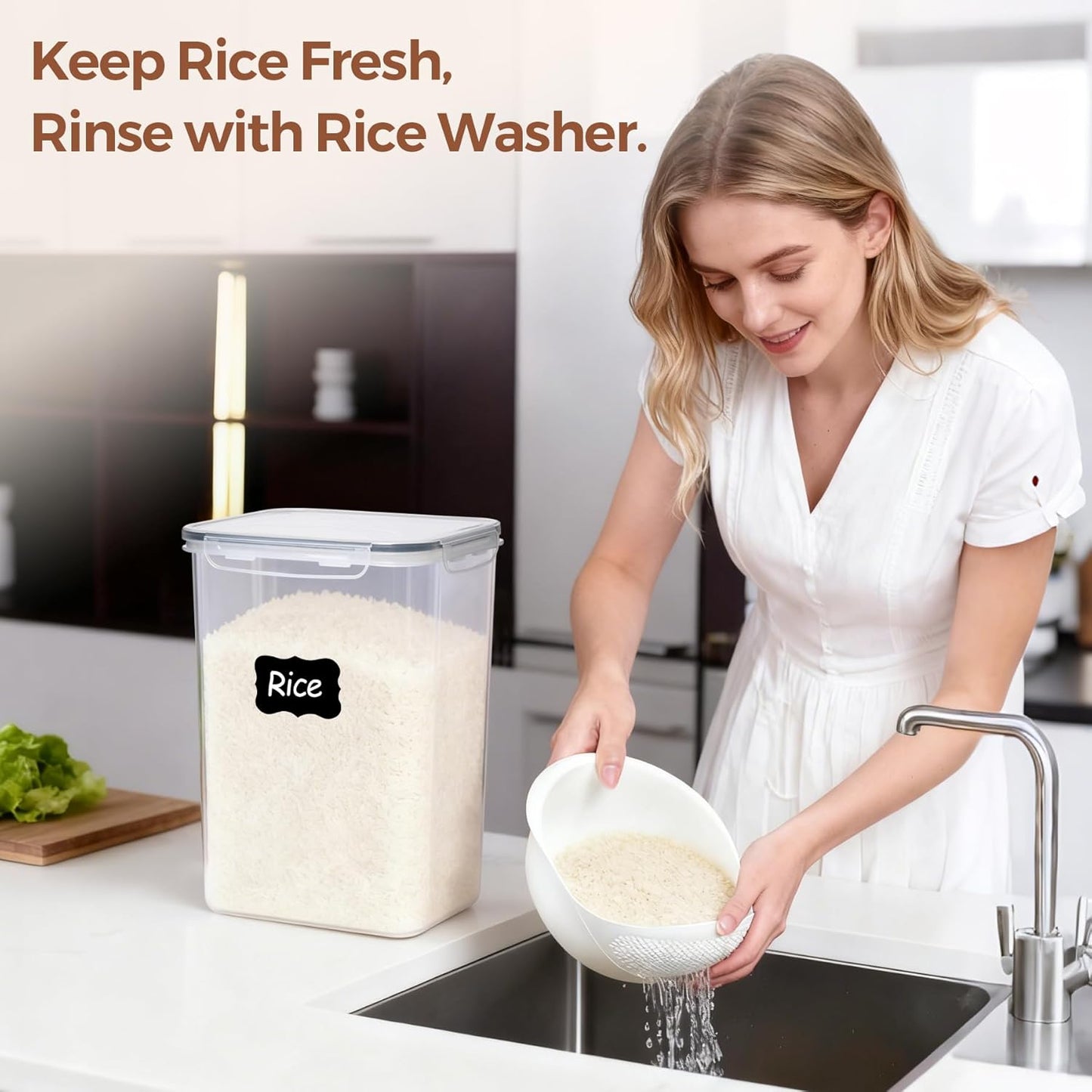 ComSaf Rice Container Set of 2(9.5L/10Qt), Large Airtight Food Storage Containers with Lid and Rice Washer, Plastic Canisters Sets for The Kitchen, Pantry Organizers for Flour, Cereal and Cooking