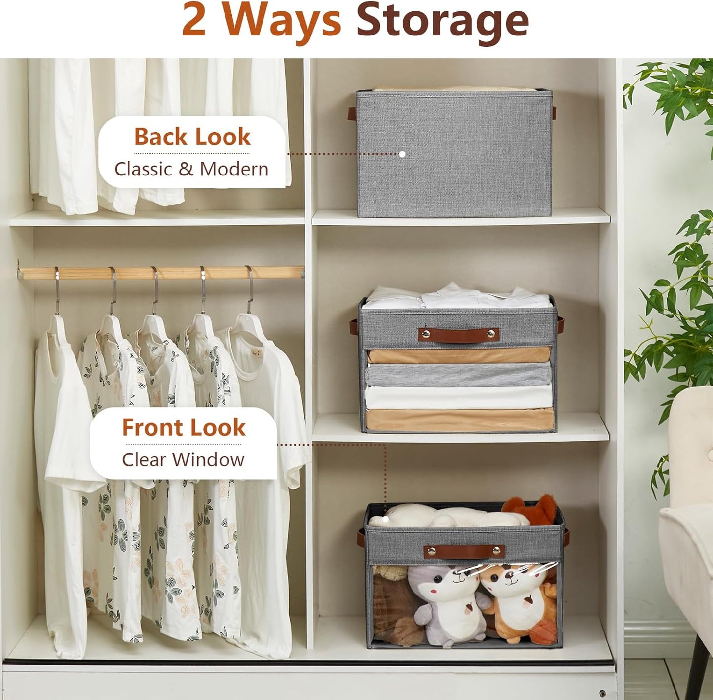 Large Storage Baskets with Clear Window, See Through Closet Organizer with PU Handles, Linen Foldable Storage Bins for Organizing Clothes, Toys, Books (Gray)