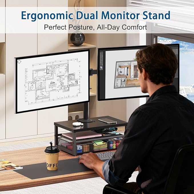 Dual Monitor Stand with Desk Organizer, Heavy Duty VESA Dual Monitor Arm Mount for 13″-27″ Computer Screens, Free-Standing Monitor Arms for Home Office/Gaming, Adjustable Height Angle, Loads 20Lbs/Arm