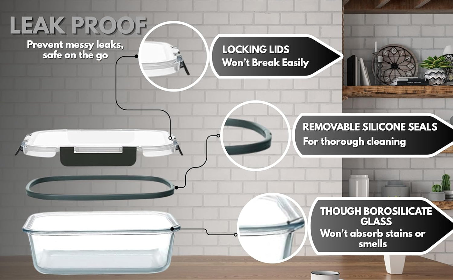5-Pack Borosilicate Glass Food Containers 35oz, Airtight BPA-Free Meal Prep Containers with Locking Lids, Oven, Microwave & Dishwasher Safe Storage Set