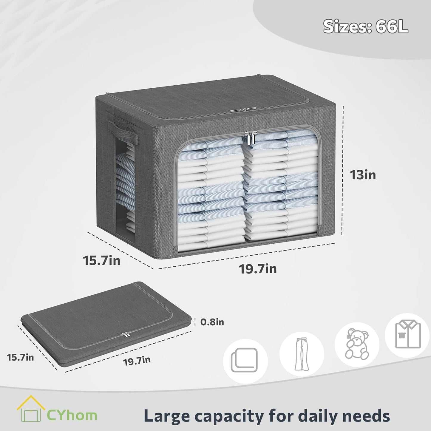 CYhom Clothes Storage Bins Box - Linen Fabric Foldable Stackable Container Organizer Set with Clear Window & Carry Handles & Metal Frame - 2Pack Large Capacity for Bedding, Blankets, Books