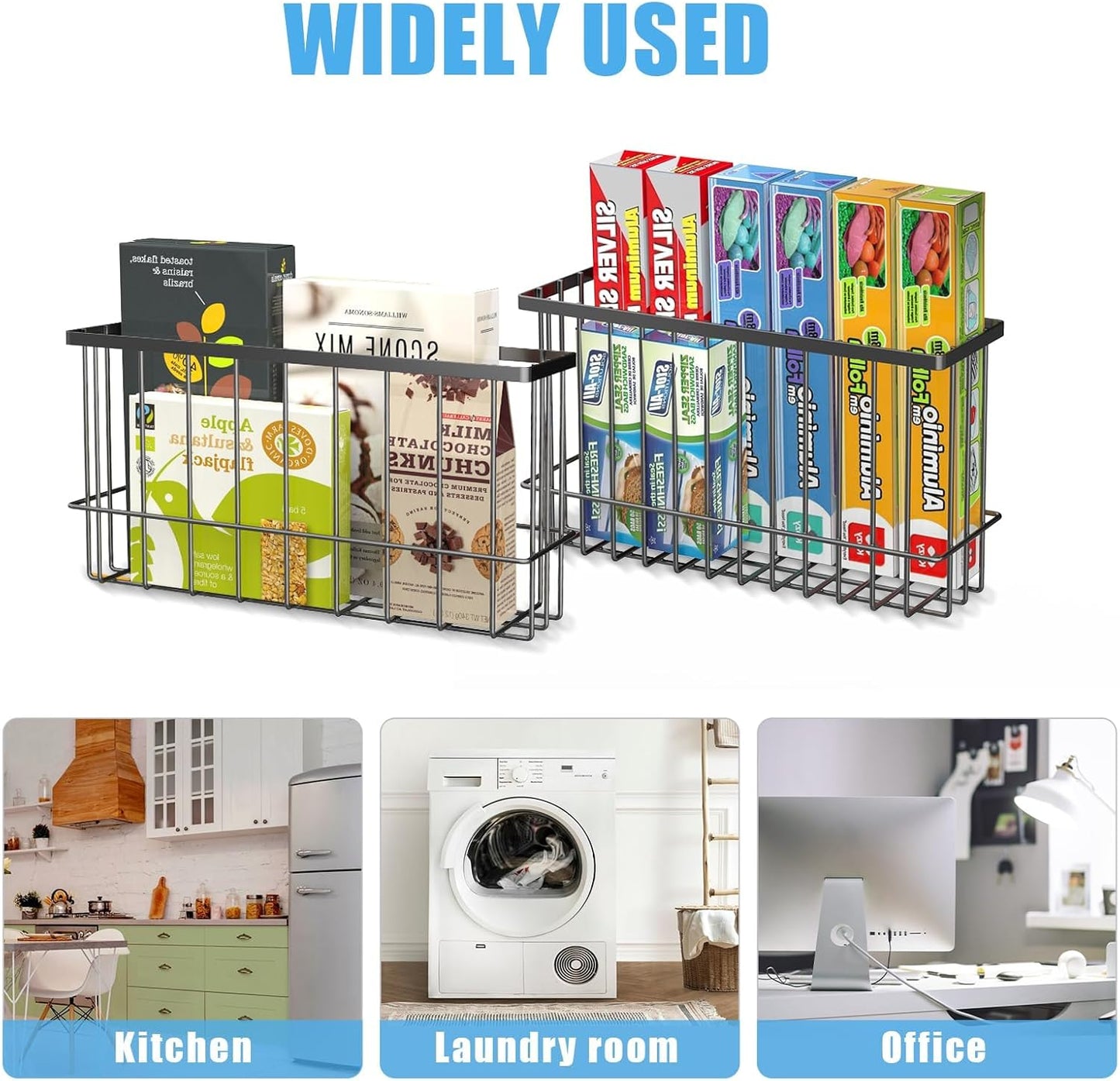 NiHome Magnetic Metal Basket Organizers, Dryer Ball Holder, 2PCS Medium & Small, Versatile Storage for Kitchen & Office Holds Up to 14 lbs, Easy Attach to Refrigerator or Any Magnetic Surface(Black)