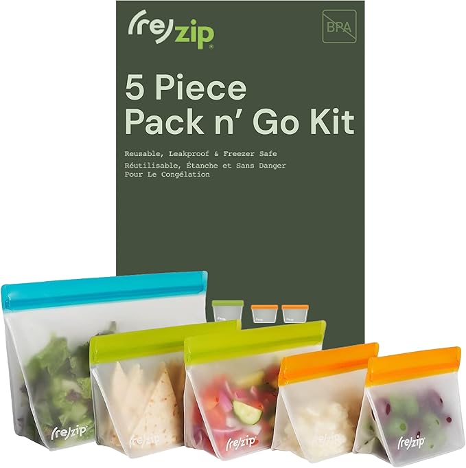 (re) zip 5-Piece Stand-Up Pack n Go Reusable Bag Kit, BPA-Free, Food Grade, Leakproof, Freezer and Dishwasher Safe, Quart (1), 2-Cup (2), Snack (2) - Multicolor