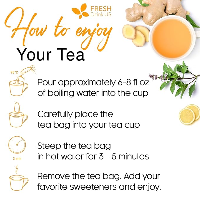 FreshDrinkUS, Premium 55 Tulsi Lemon Ginger Tea Bags, 100% Natural & Pure from Tulsi Holy Basil Leaves, Lemon and Ginger. Made with Natural Material Tea Bags. No Sugar, No Caffeine, Vegan.