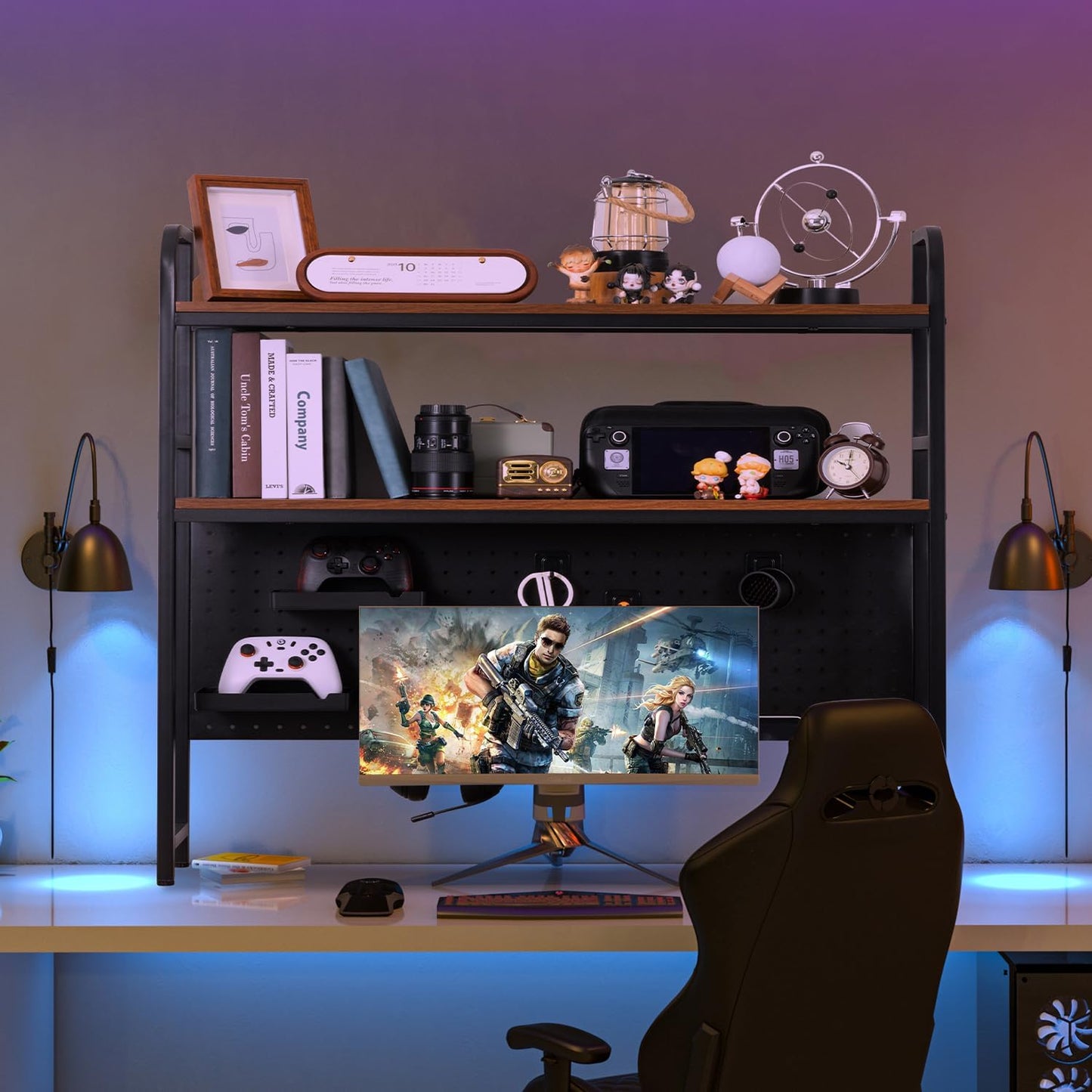 deli Desktop Bookshelf, Metal Desk Shelf Bookcase with Pegboard Hooks Set, 2 Tier Display Rack, Multipurpose Wood Desktop Hutch Storage Organizer for Dorm Office Home