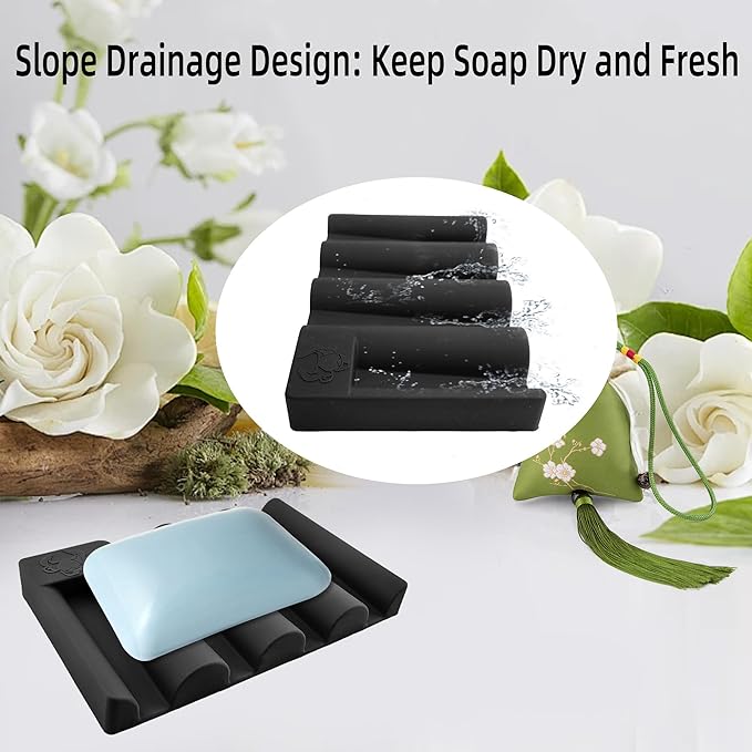 Silicone Soap Dish with Wave Design, Non-Slip, Quick-Drying, Perfect for Bathroom, Kitchen, and Sink Areas (2, Black1)
