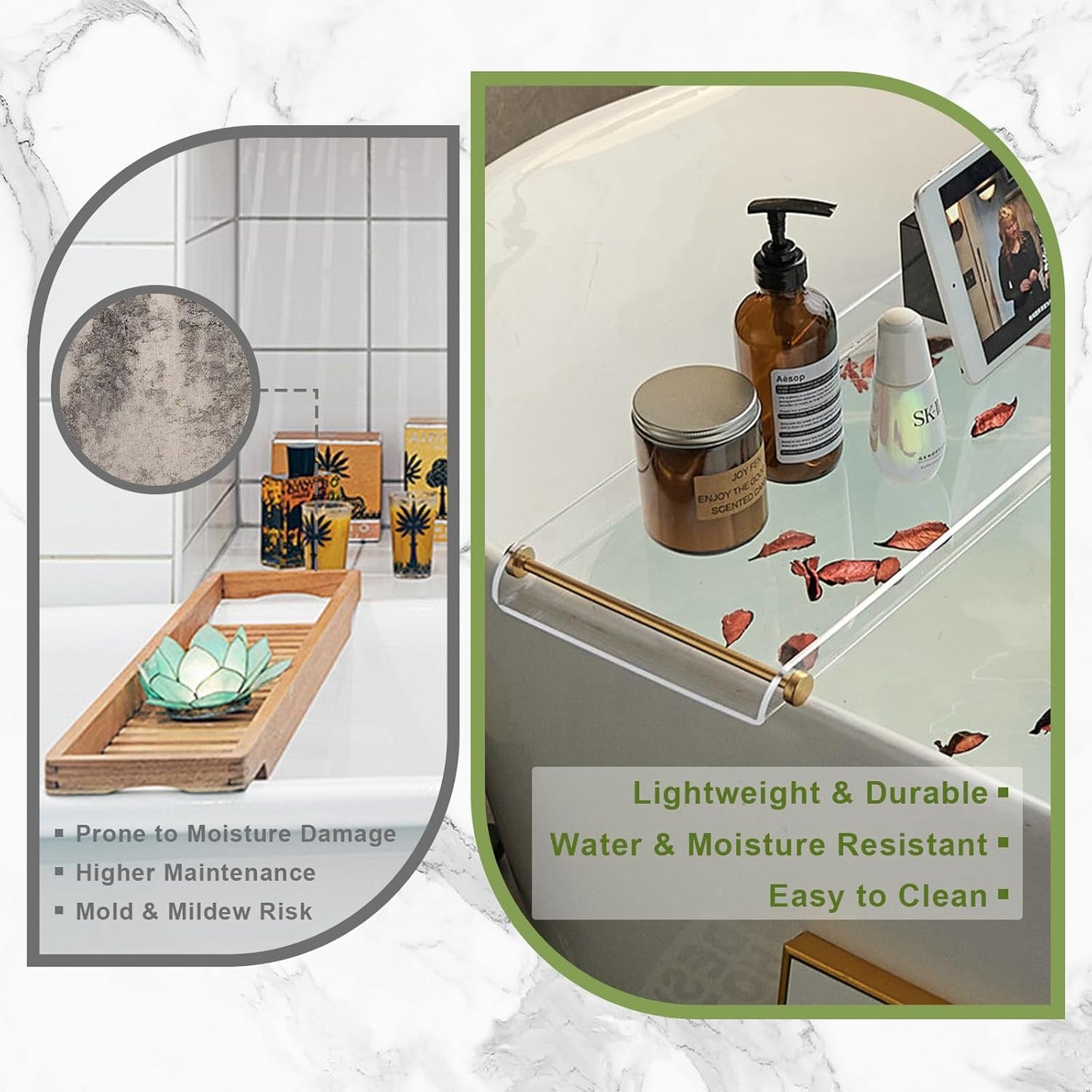 Acrylic Bathtub Tray Caddy, Clear Bath Shelf Tub Rack with Golden Handle, Luxury Bathroom Organizer Tablet Holder SHUNLI