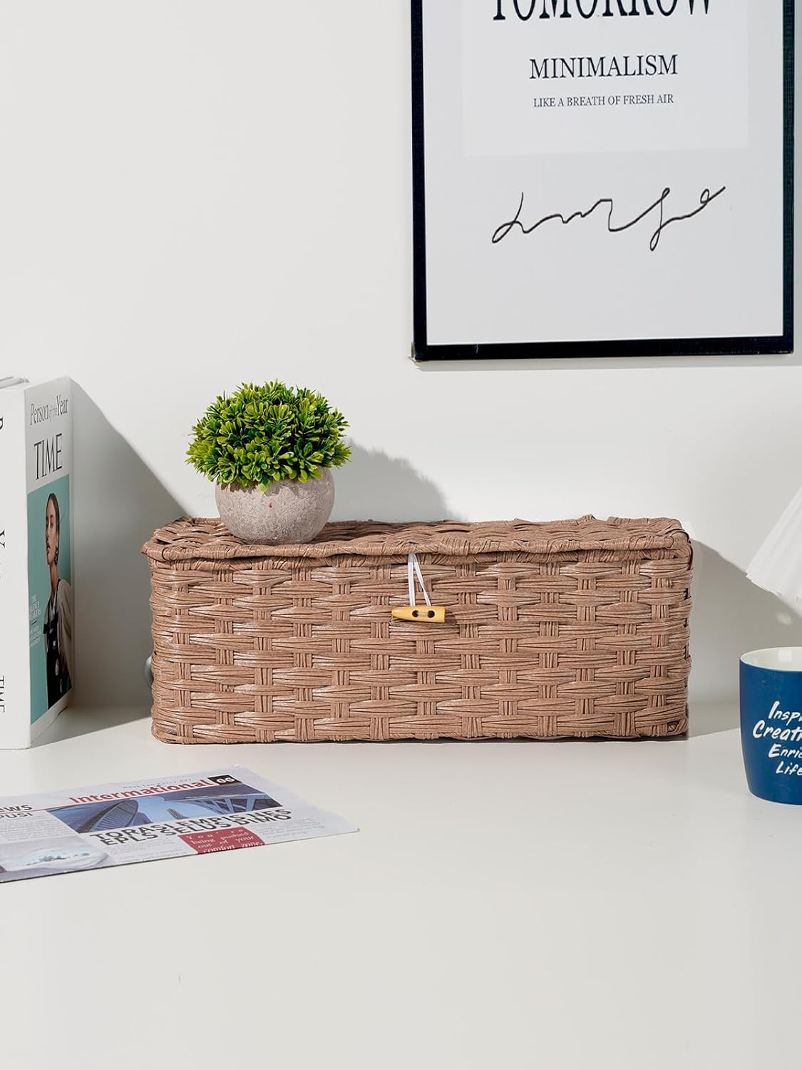 Temary Cable Management Box with Lids, 2-Pack Handmade Cable Organizer Boxes for Home, Office to Hide Cords and Power Strip, Cord Cover Floor Hider Set Woven Rattan Cable Organizer Box (Brown)