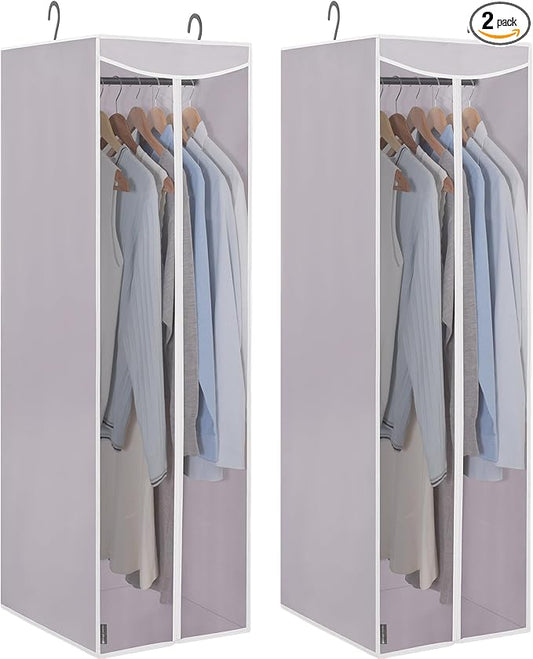 STORAGE MANIAC 2-Pack Hanging Garment Bag Zipper Cover with Sealed Clear Window, Long Garment Cover for Closet Storage Wardrobe Clothes Protector, Large Garment Storage Bag for Dresses,Suits, Grey