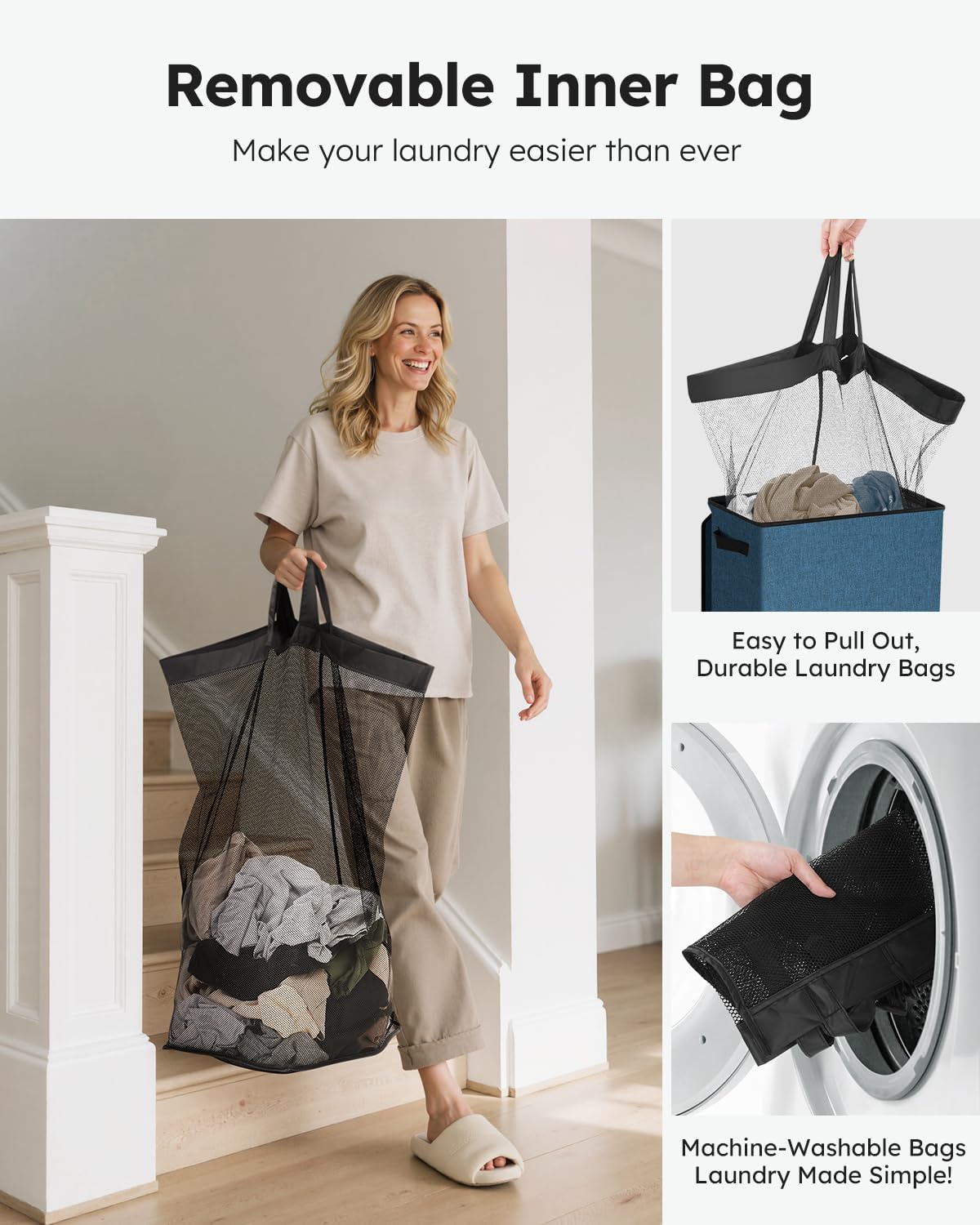 SOLEDI Laundry Hamper with Lid 100L Large & Tall Collapsible Laundry Baskets, Clothes Hamper with Bag Removable Easy to Carry, Dirty Hampers for Bedroom, Bathroom, Dorm, College, Blue