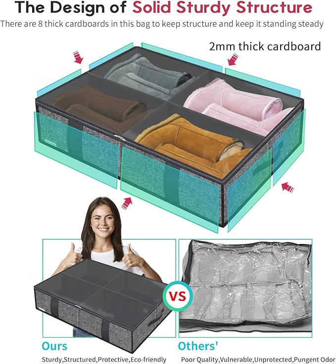 Large Under Bed Boots Shoes Storage Organizer Set of 2 (14+4 Pairs), Durable Closet Foldable Fabric Shoe Container Box with Clear Window, 33.9x 23.6x5.9inch, Light Grey, ZMGCUBS14S4