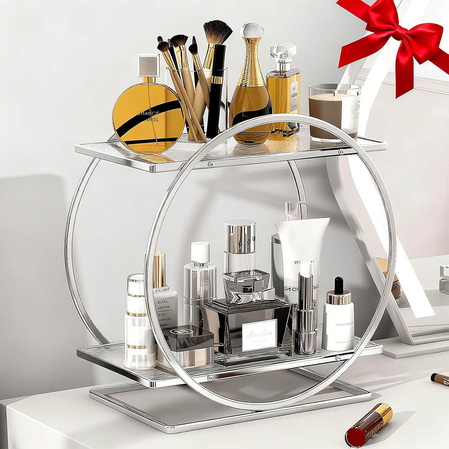 Perfume Organizer for Bedroom Dresser- Sliver Makeup Organizers for Vanity, 2 Tier Bathroom Countertop Organizer Perfume Tray Skincare Storage Cosmetic Display Rack, Make Up Counter Shelf