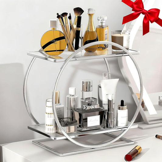 Perfume Organizer for Bedroom Dresser- Sliver Makeup Organizers for Vanity, 2 Tier Bathroom Countertop Organizer Perfume Tray Skincare Storage Cosmetic Display Rack, Make Up Counter Shelf
