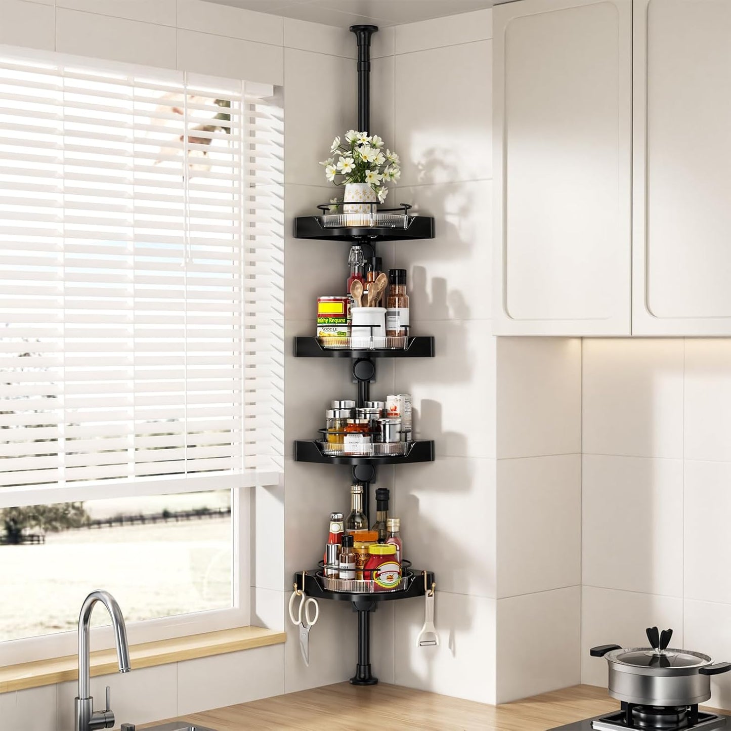 Shower Caddy Tension Pole with 4 L-Lazy Susan Organizer 360 Rotating 35-128 Inch No Drilling Floor Standing Shelves Adjustable Shower Rack for Bathroom Corner (Black)