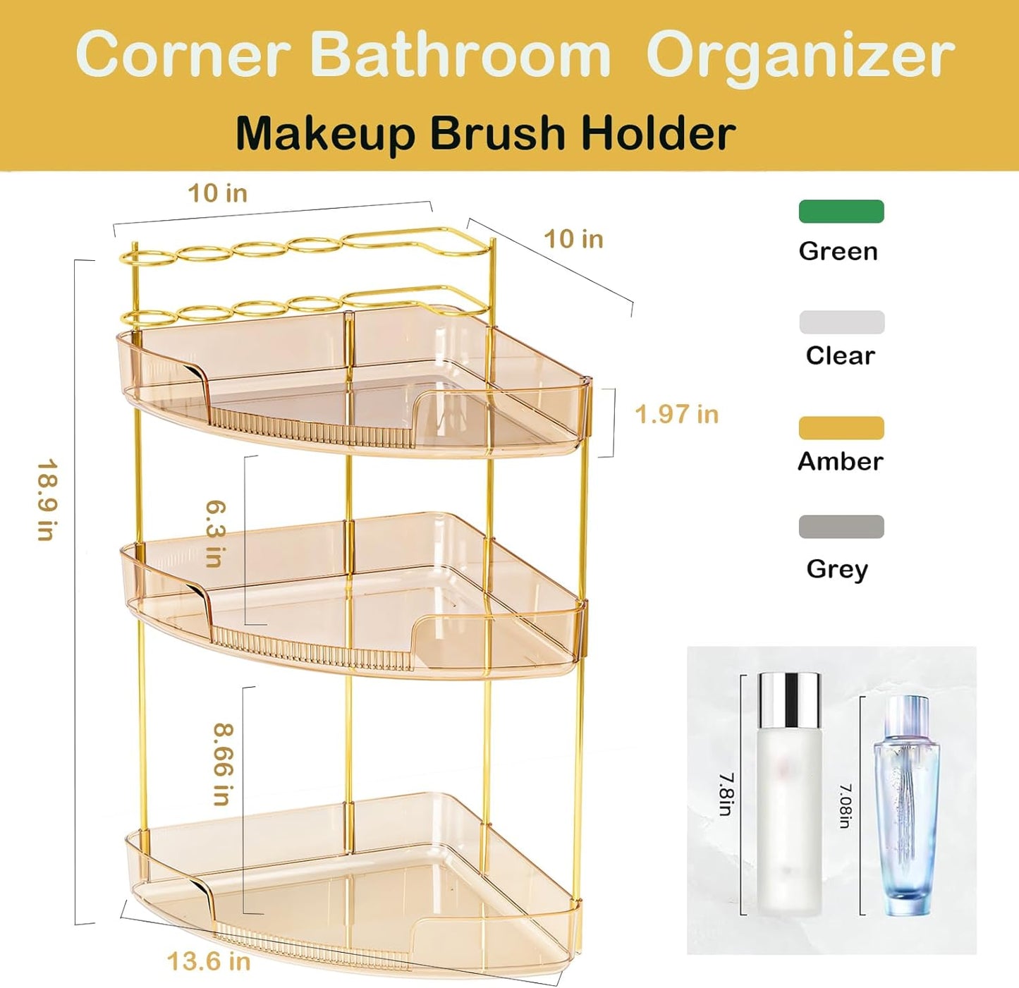 FELIZHOUSE 3-Tier Corner Bathroom Counter Organizer, Bathroom Countertop Shelf Makeup & Skincare Storage with Brush Holder for Vanity, Dresser, Kitchen - Amber