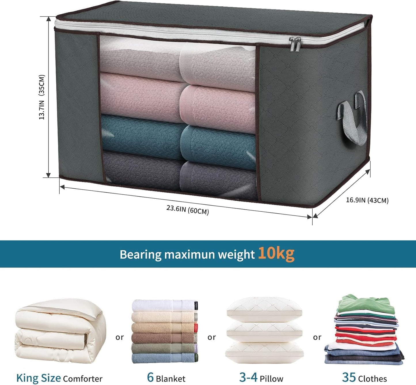 Large Storage Bags, 3 Pack Clothes Storage Bins Foldable Closet Organizers Storage Containers with Durable Handles Thick Fabric for Blanket Comforter Clothing Bedding 90 L (Gray)