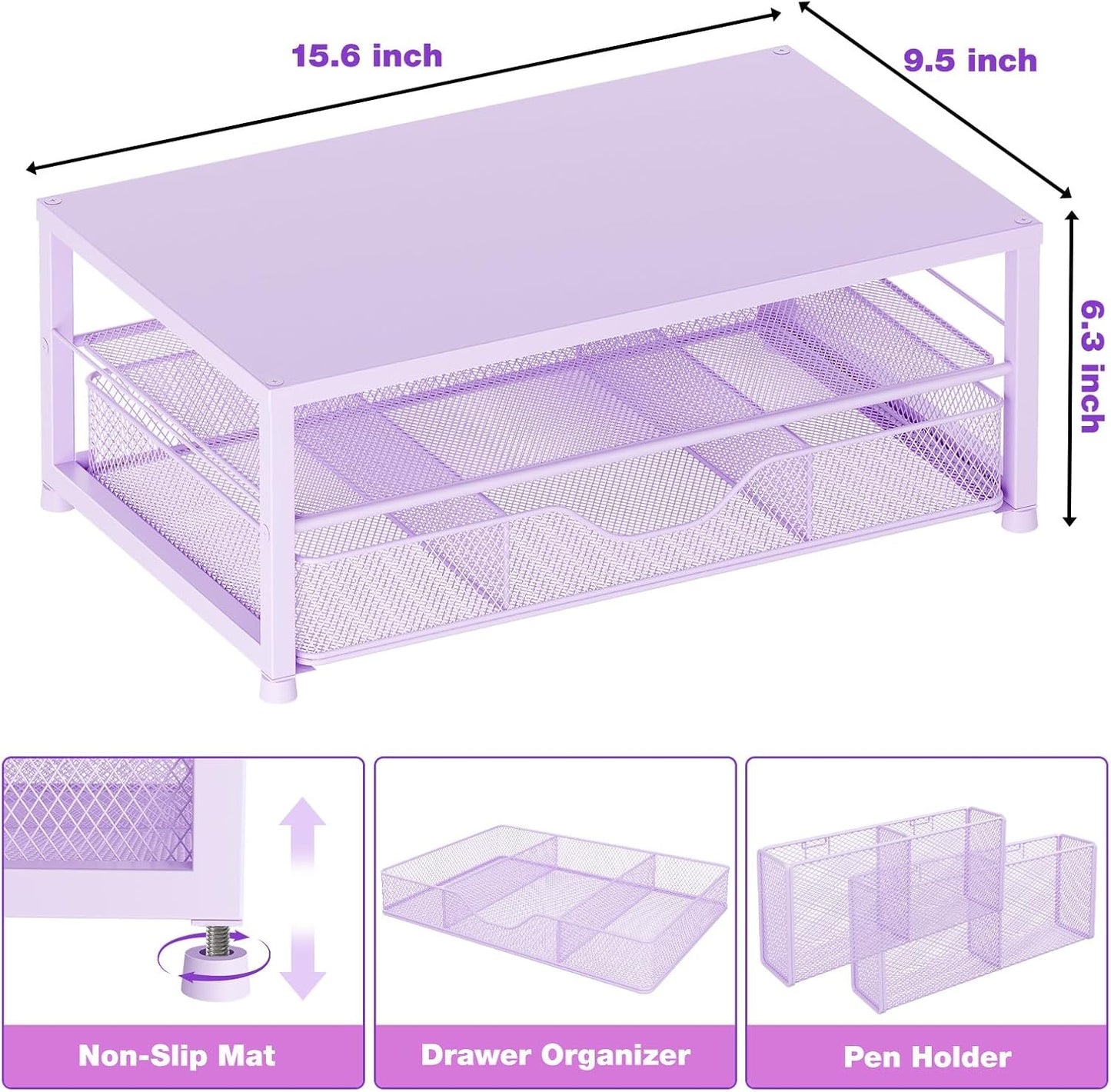 Desk Organizers and Accessories, 2-Tier Computer Monitor Stand Riser with Drawer and 2 Pen Holders, Laptop Stand, Office Desk Accessories & Office Decor for Women, Purple