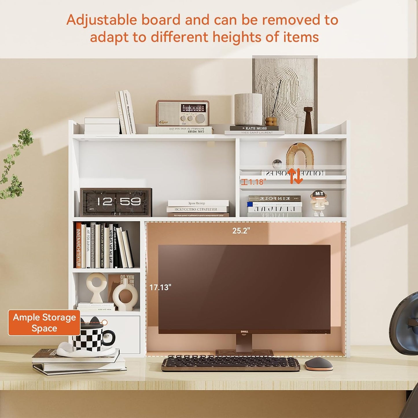 ELECWISH Desktop Bookshelf, Desk Shelf with Drawer for Computer Desk, 35.04" 6-Tier Adjustable Desktop Hutch Organizer for Home Office, White