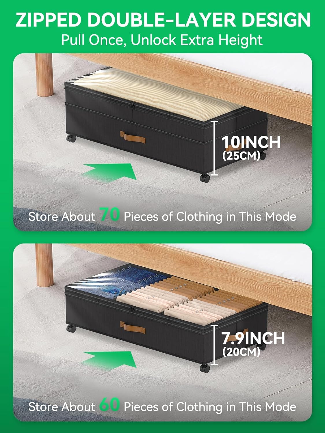 Under Bed Storage with Wheels, Upgraded Scalable Under Bed Storage Containers with Lids, 2Pack XXL Underbed Storage Organizer Rolling Bins for Shoes Clothes Toys