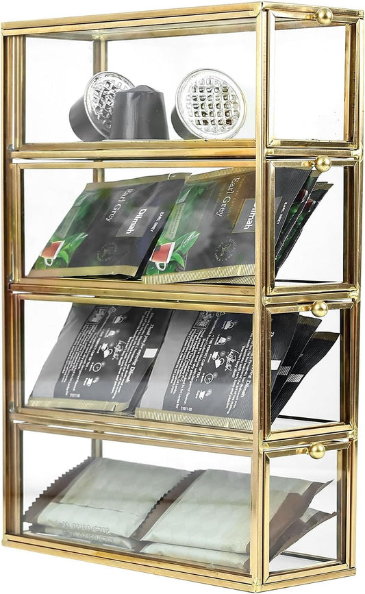 HighFree Gold Glass Coffee Pod Organizer with 4 Drawers, Clear Storage Glass Box for K-Cups, Tea Bags, Sugar Packets, Counter Top Collection Display Holder for Home, Office