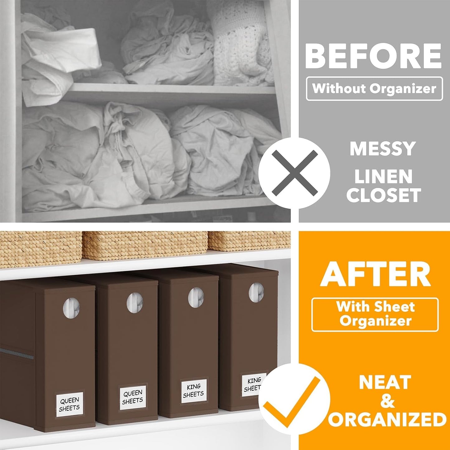 SpaceAid 4 Pack Bed Sheet Organizers and Storage, Foldable Sheet Organizer for Linen Closet, Sheets Set Folder Keeper with Window XL (Queen & King Size) Bedding Container (Brown, 4 Pack)