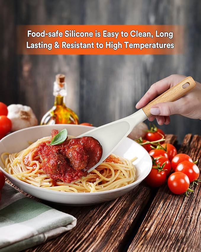 Cooking Spoon for Nonstick Cookwares, Great for Cooking and Serving Sturdy BPA-Free Matte Silicone, Wood Handle Spoon for Mixing, Scoop, and Scrape (2 Pack of White, 11.4 inch)