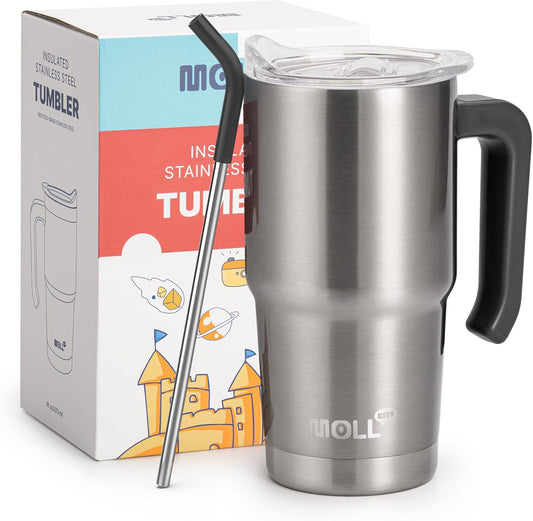 Insulated Tumbler with Handle 16 oz Stainless Steel Double Wall Vacuum Tumbler Cups Travel Coffee Mug with Lid and Straw(Silver)