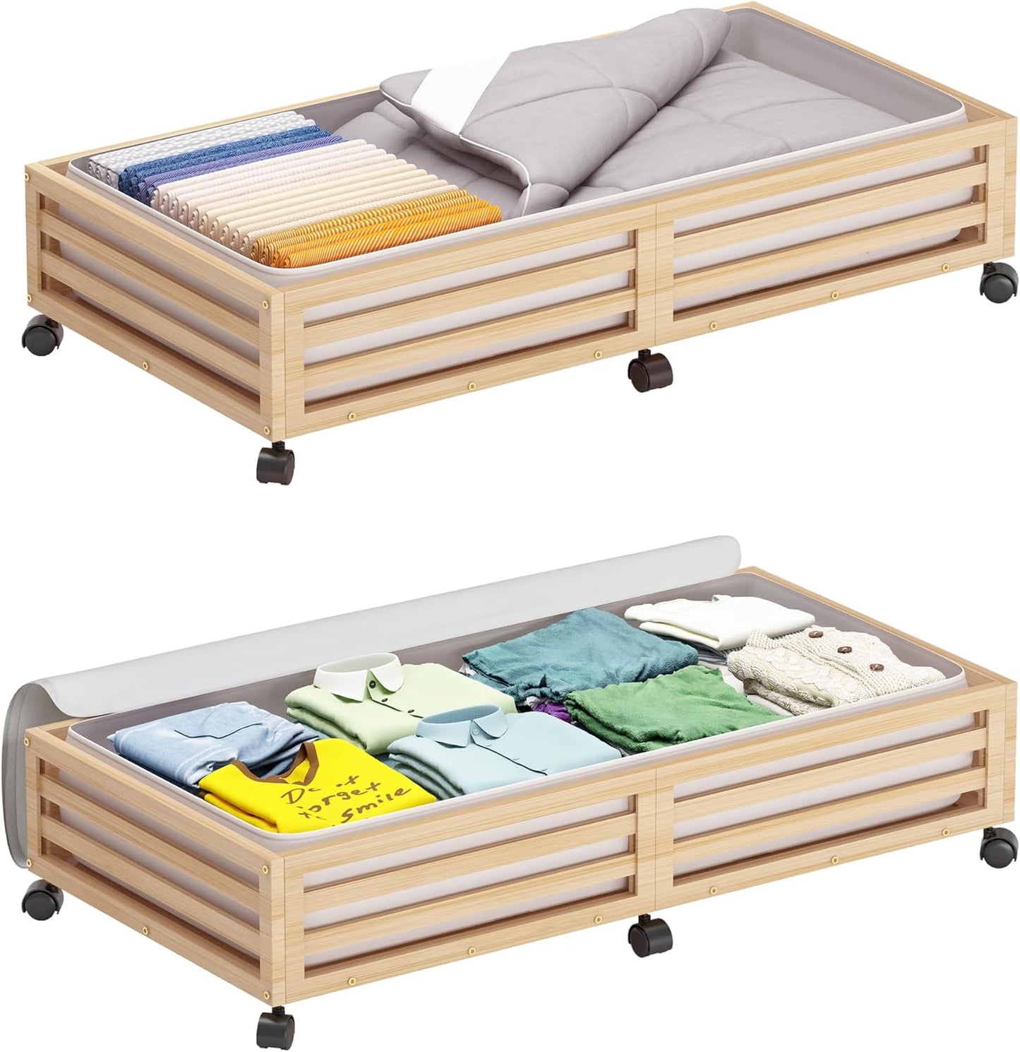 Bamboo Under Bed Storage Containers- Underbed Organizer with Wheels with Large Dust Bag,Sturdy Wood Rolling Under the Bed Shoe Storage Organizer Drawer 2 Packs (Nature, Long)