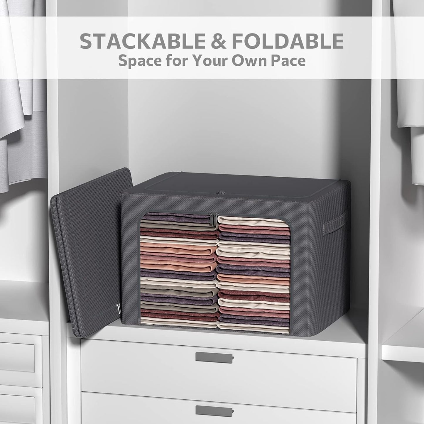 3Pack Stackable Clothes Storage Bins - Oxford Frame Storage Box Foldable Clothing Storage Container Organizer Set with Clear Window & Carry Handles Large Capacity (Dark Gray, Large-66L)