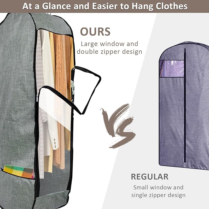 4PCS Garment Bags for Hanging Clothes,Chakera Large Breathable Garment Bag for Closet Storage with 10”Gusseted,Clear Clothing Storage Garment Cover for Dress Sweater with Double Zipper,Grey