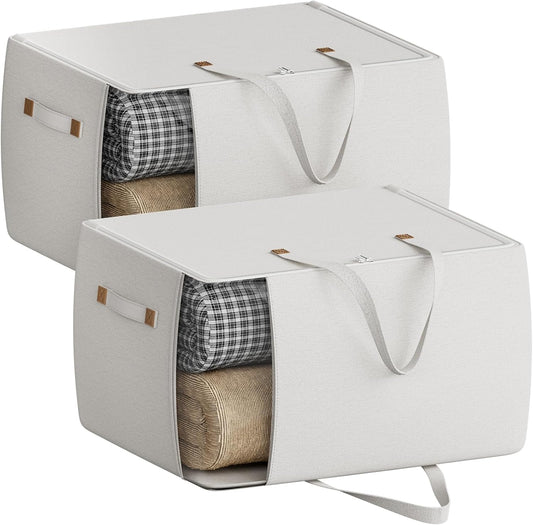 Heavy Duty Cotton Canvas Storage Bags For Comforter Blankets Clothes Extra Large Foldable Organizer with Clear Window & Reinforced Handles, Dustproof Design (White, 80L-2Pack)