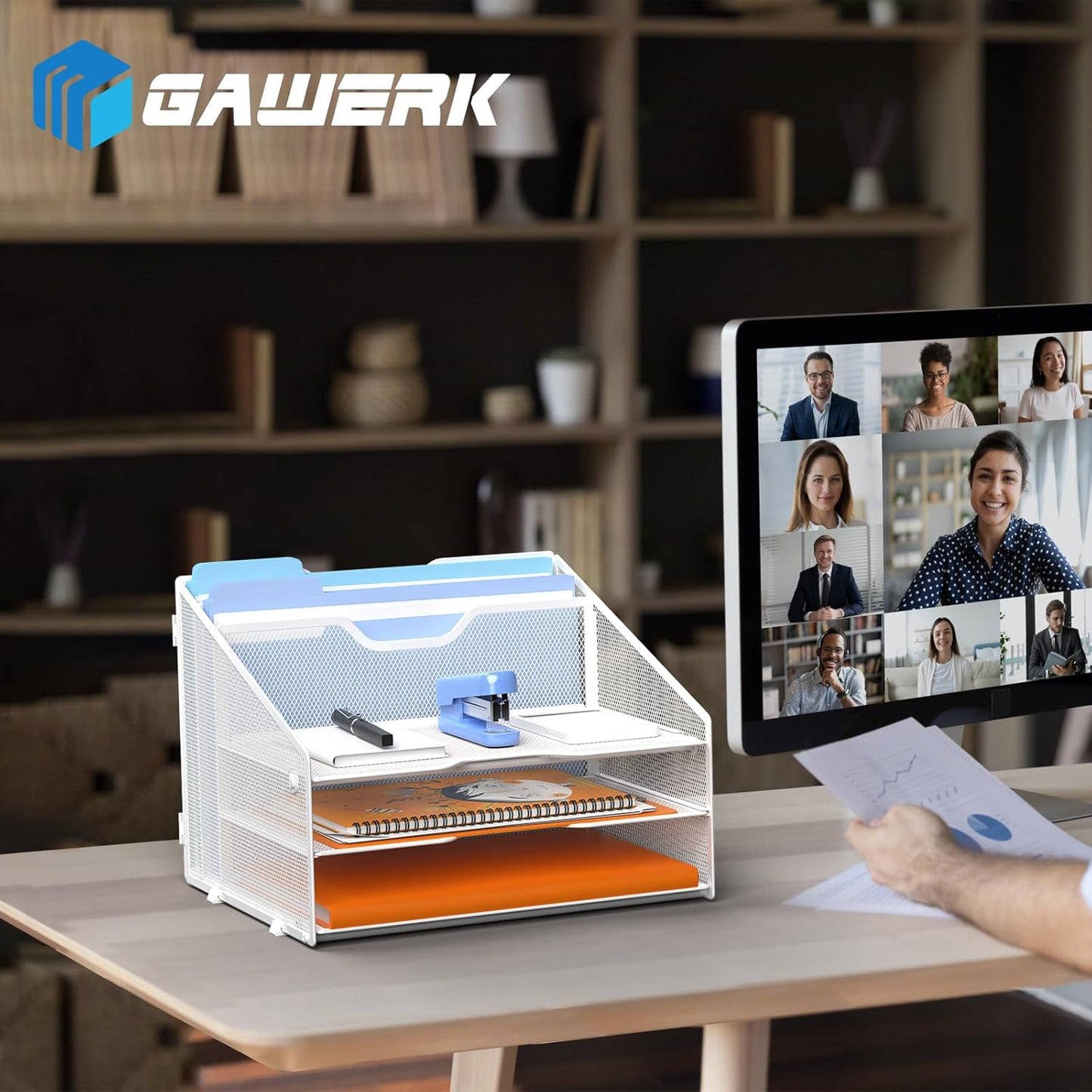 Letter Tray Organizer, Mesh Desk File Organizer with 3 Paper Trays and 2 Vertical Upright Section (White)