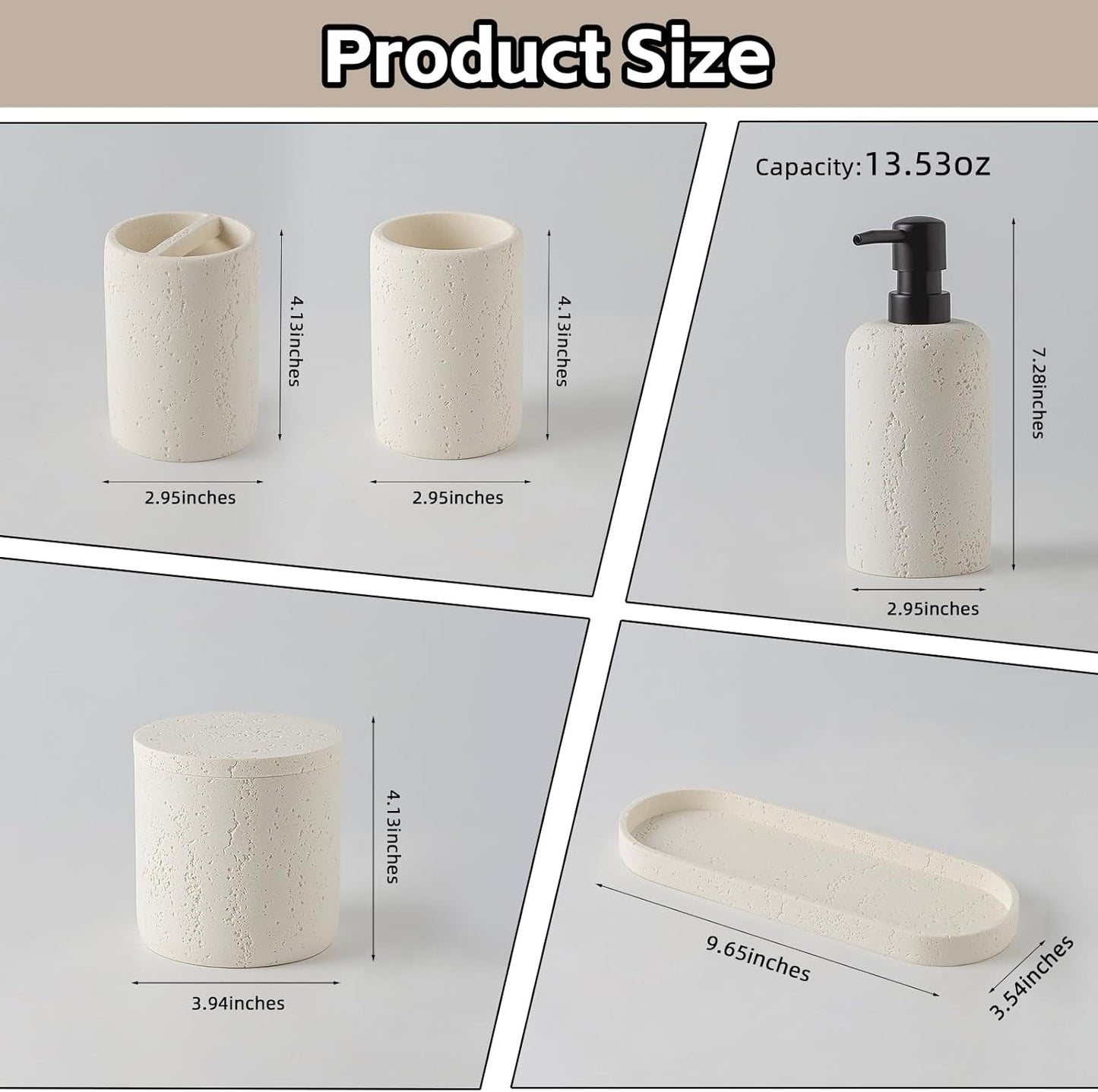 Bathroom Accessories Set, Travertine Stone-Look, 6 PCS Bathroom Accessory Set with Soap Dispenser, Toothbrush Holder, Tumbler, Vanity Tray, Cotton Swab Jars for Countertop (Off White 6 PCS)