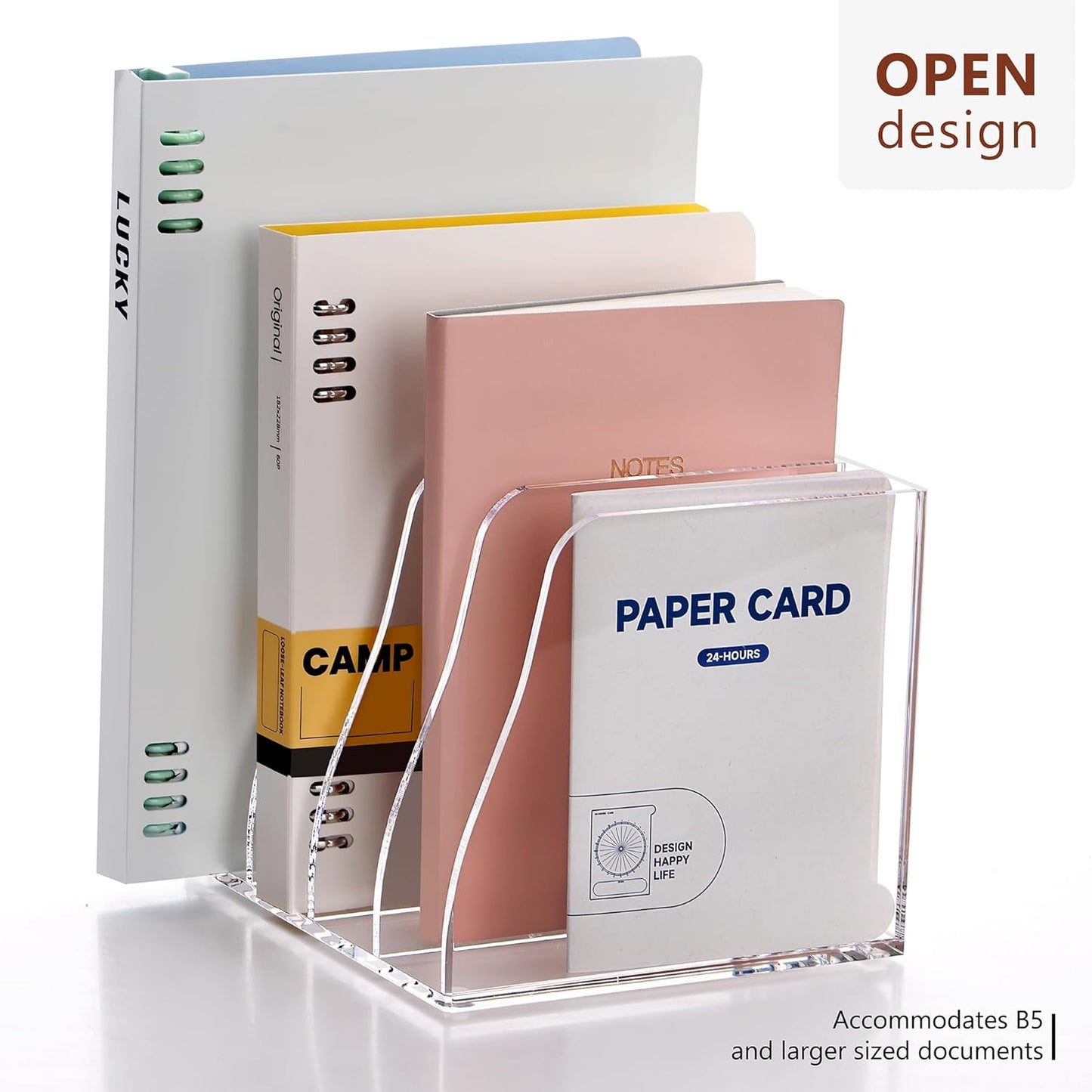 SANRUI Acrylic File Organizer, Compact Desk Organizer for Folders, Binders, Notebooks, Envelopes, Vertical Binder Storage Organizer, 4 Section Bookshelf for School Home Office Organization