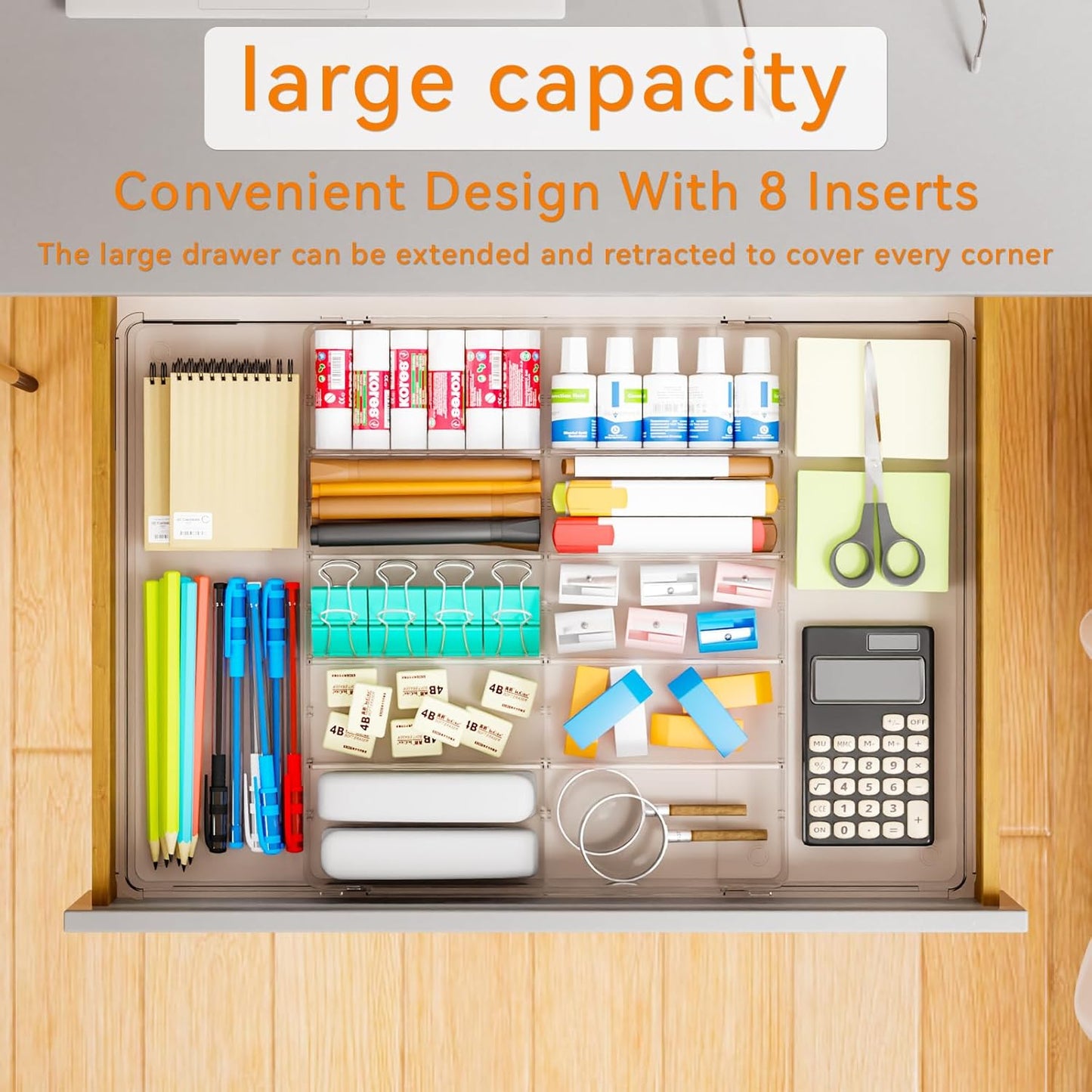 Yieach Large Expandable Desk Drawer Organizer Tray for Office Supplies and Accessories With 12 Adjustable Compartments,Office Drawer Organizers for Pencil,Pen and Kitchen Junk Drawer Organizer,Clear