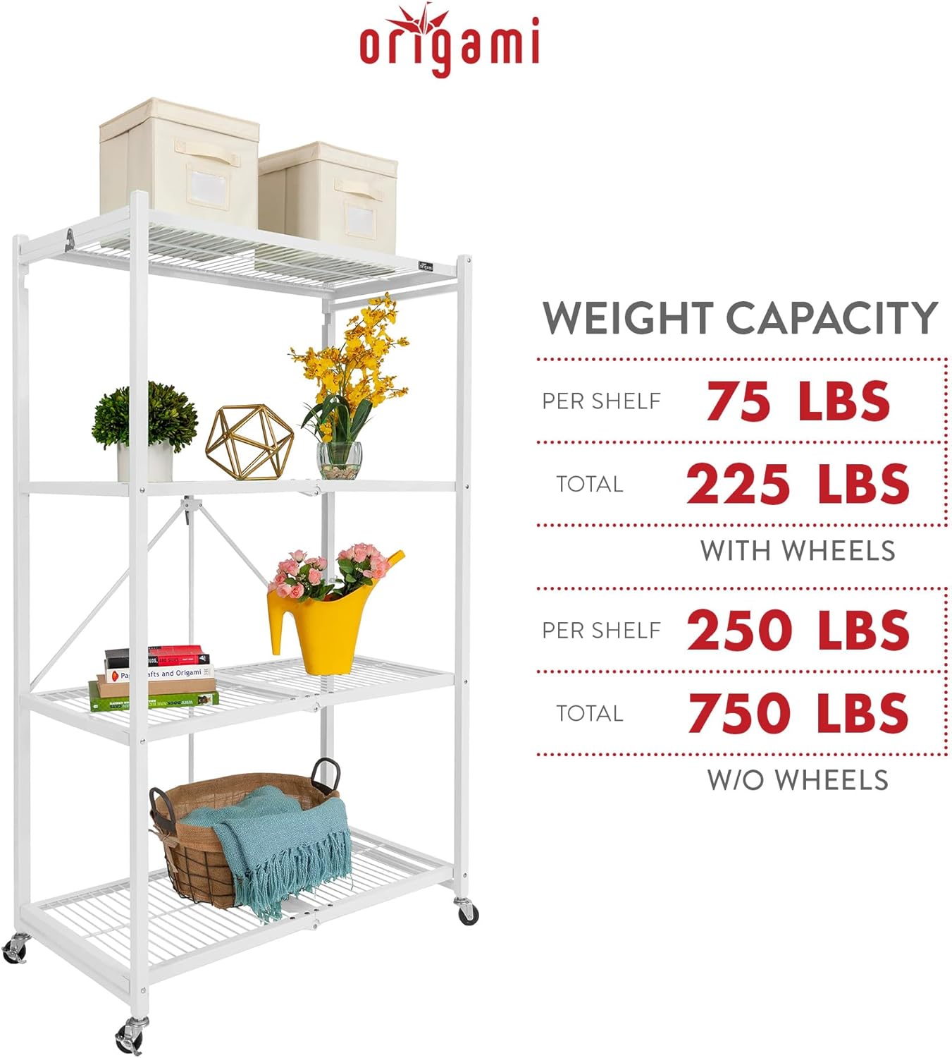Origami 4-Pack R5 Storage Rack, 4-Tier Heavy-Duty Foldable Steel Shelf with Wheels, White