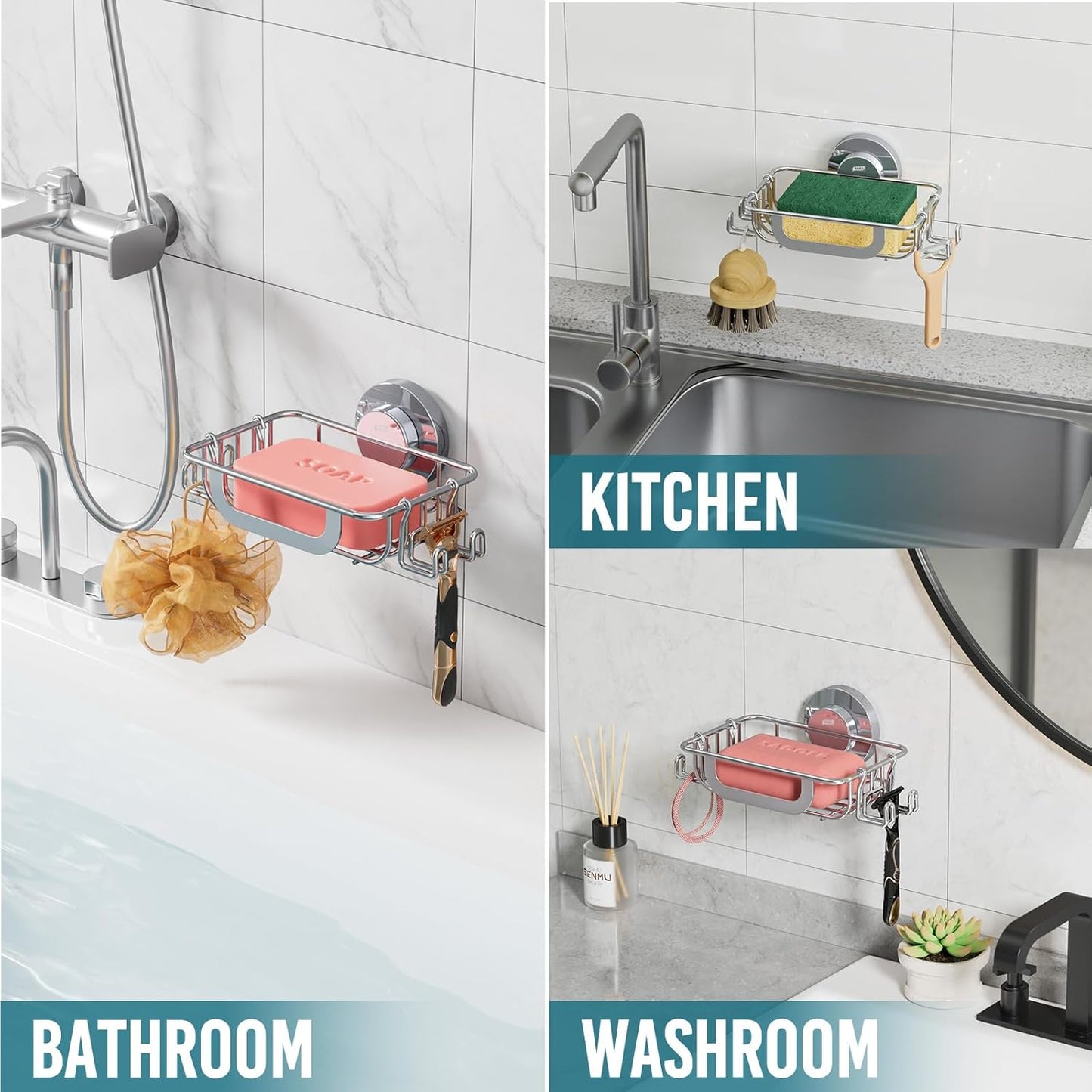 TAILI Soap Dish Holder with Hooks, Bar Soap Tray Saver Suction Cup with Razor Holder for Shower Wall, Rustproof Stainless Steel Bath Shampoo Caddy for Bathroom Accessories Organizer, Silver