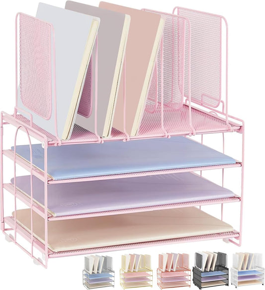 Desk Organizers and Accessories, 3-Tier Paper Organizer with 5 Vertical File Holders, File Organizer for Desk (Pink, 3T)