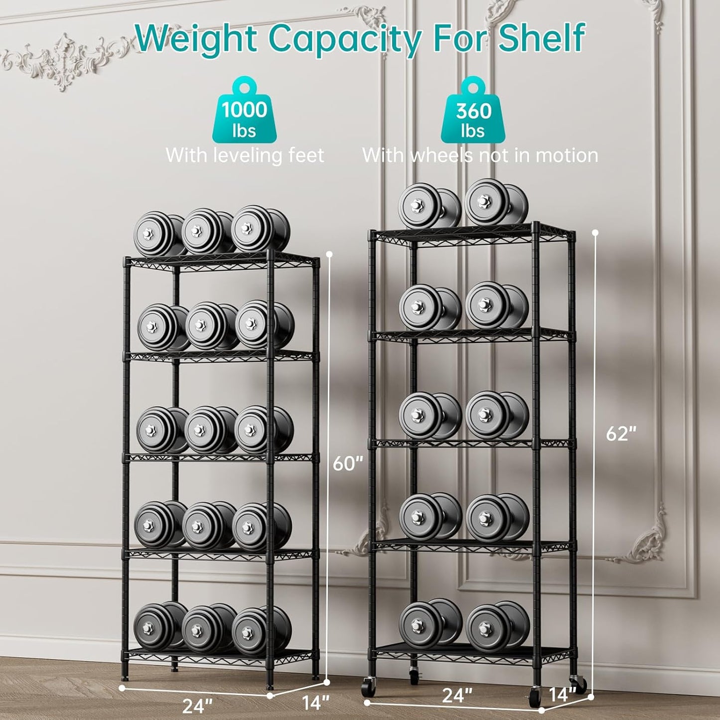 SINGAYE 5 Shelves Storage Shelf Wire Closet Bathroom Organizers Metal Pantry Kitchen Garage Shelving Unit Laundry Room Organization Home Rack Net Basket Black with Wheels