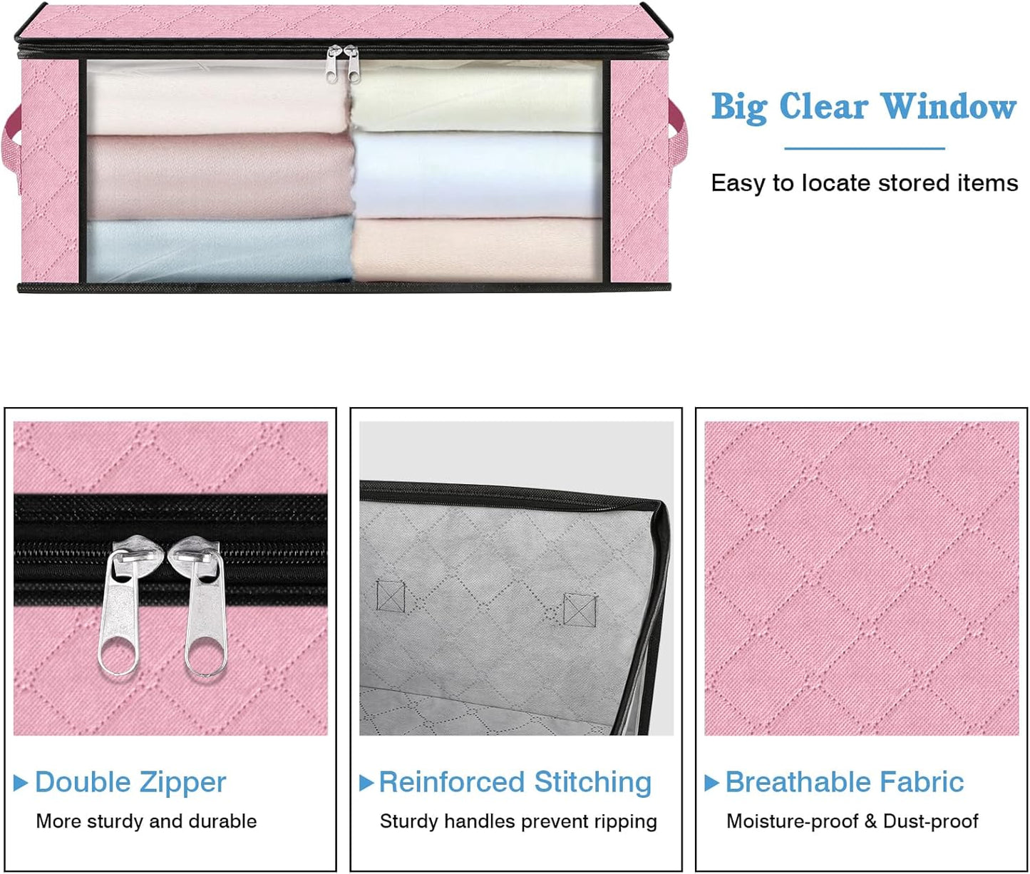 HomeHacks Storage 8-Pack Clothes Organizer Storage Bags Foldable Storage Box with Large Clear Window Sturdy Handles for Closet, Dorm, Pillows, Bedding, Clothes, Blankets, 35L, Pink