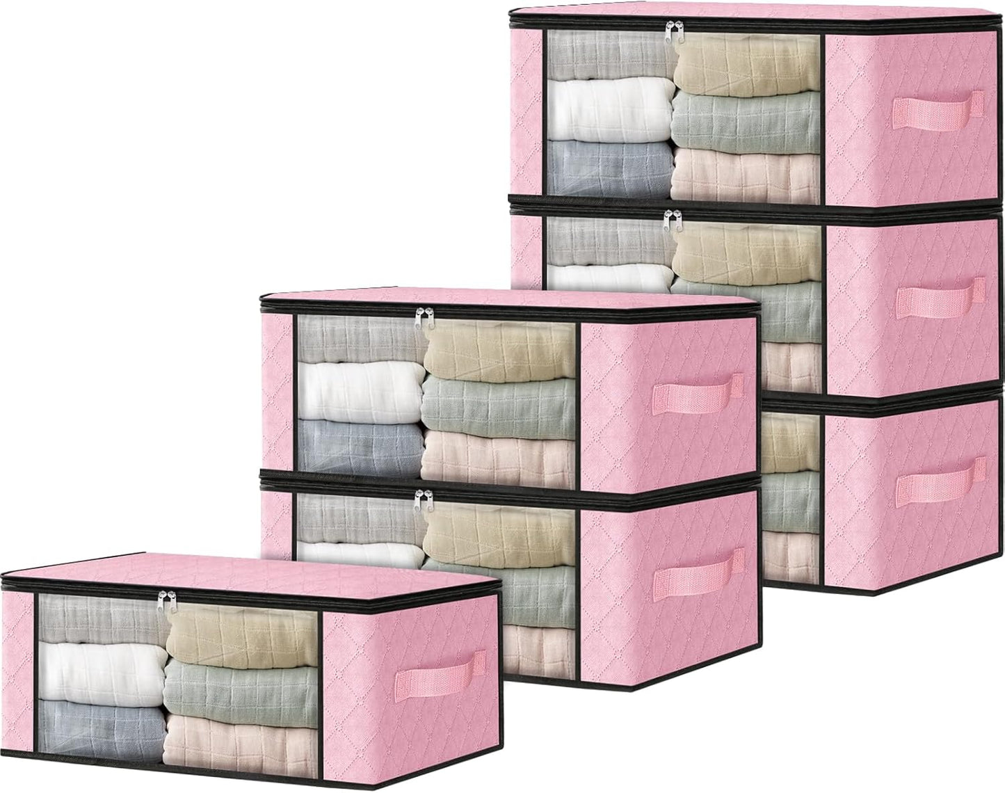 HomeHacks Storage 6-Pack Clothes Organizer Storage Bags Foldable Storage Box with Large Clear Window Sturdy Handles for Closet, Dorm, Pillows, Bedding, Clothes, Blankets, 35L, Pink