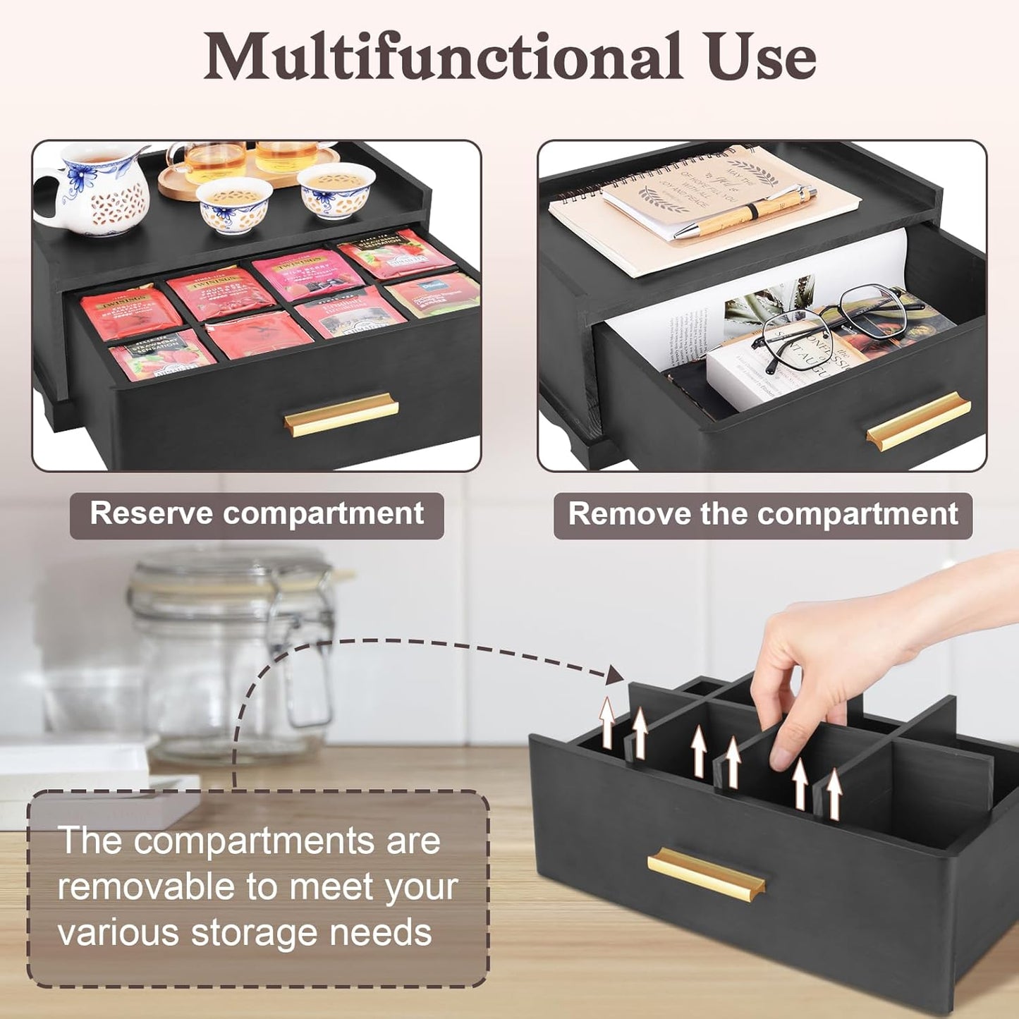 Tea Bag Organizer, Tea Organizers and Storage, Tea Box Organizer Storage Box, Tea Station Organizer for Countertop, Tea Caddy for Wood Tea Holder Organizers for Removable Drawer (Black)