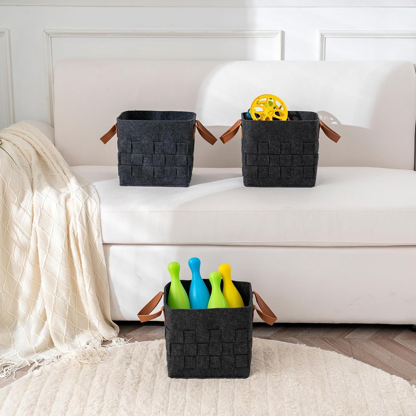 Bold monkey Storage Basket 3 Pack, Medium 10" x10" x10 " Baskets for Shelves with Leather Handle, Cube Felt Fabric Storage Box for Bedroom, Nursery, Living Room - Dark grey