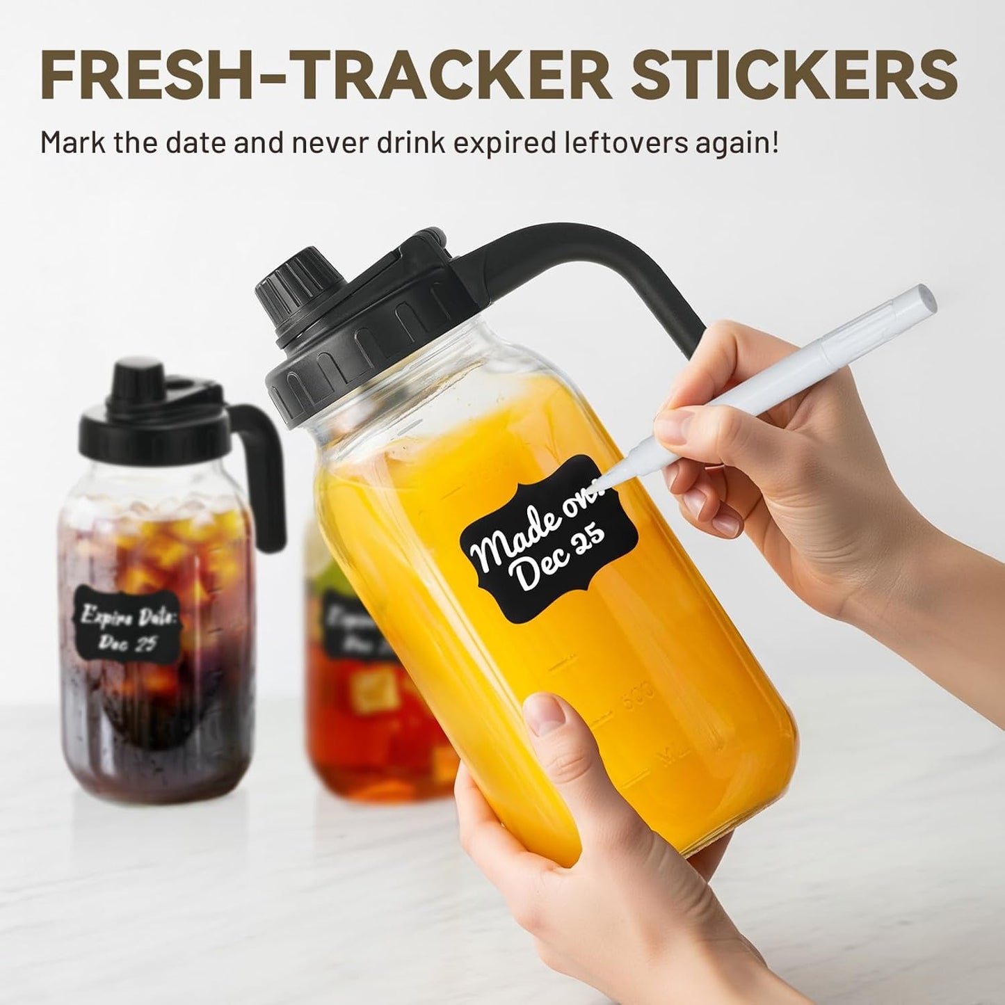 2 Pack Airtight Glass Pitcher with Lid for Fridge (Anti Cross-Odor) -Heavy Duty Leakproof Mason Jar Pitcher with Spout, Water Jug for Juice Coffee/Sun Tea + Mixing Spoon, Brush, Labels -2 Qt/64 Oz