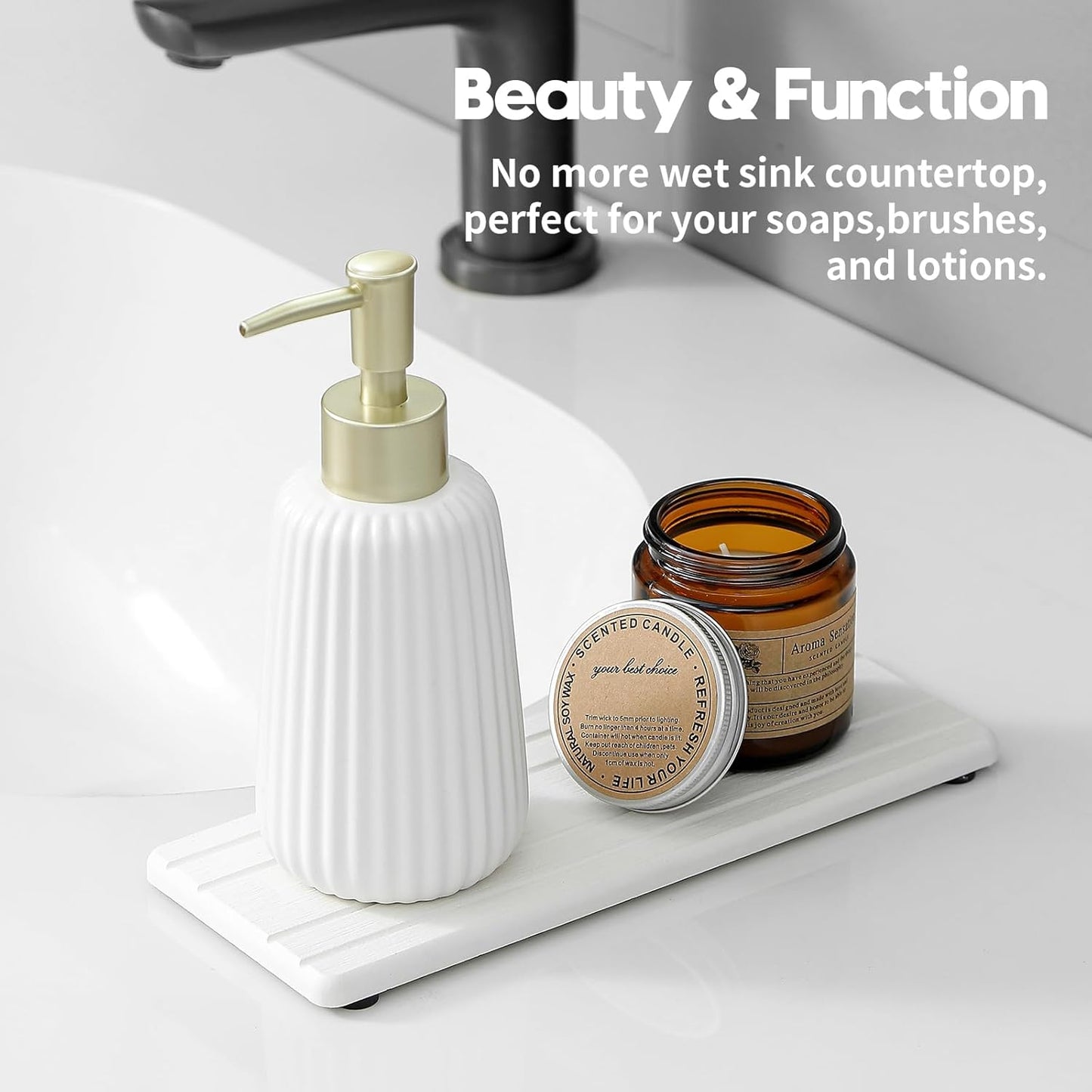 2PCS Diatomite Quick Stone Drying Tray Mat for Bathroom & Kitchen Counter, Instant Dry Water Absorbent Drink Bar Coaster,Vanity Sink Caddy Organizer,Dish Soap Sponge Holder, White,9"x3.5"