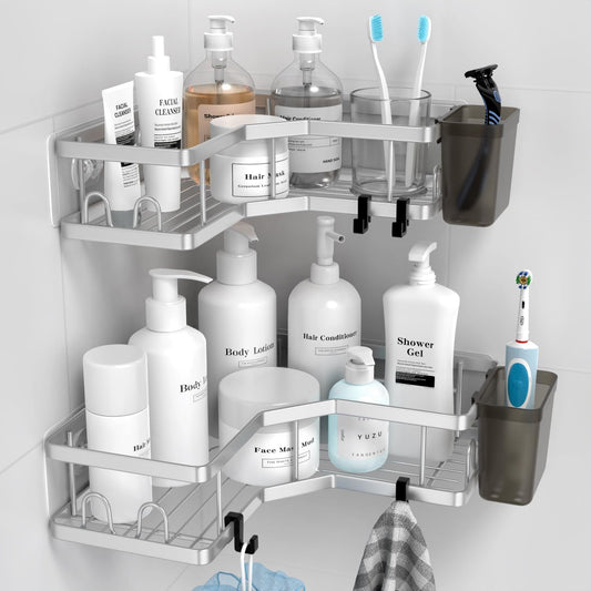 Corner Shower Caddy Shelf Rack: 2 Pack Adhesive Shower Organizer Essentials - No Drilling Stainless Steel Shower Storage Rack with Hooks and Toothpaste Holder - Bathroom Accessories